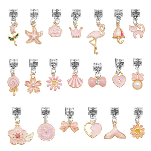 10Pcs Multi-Style Pink Enamel Dangle Charm with Retro Silver Color Connector Loops - Alloy Jewelry Bead Pendant for Necklace Bracelet Making DIY Crafts Decor Supplies