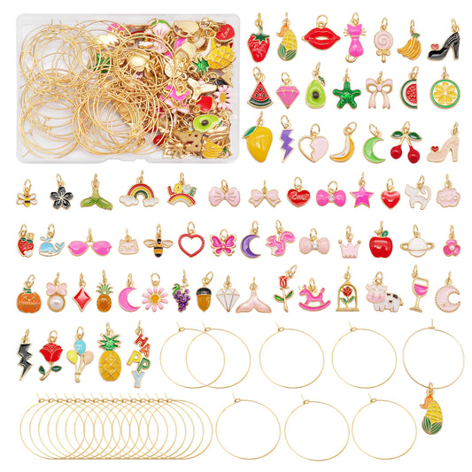 1 Box Jewelry Making Set - 60pcs KC Gold Color Metal Rings & 60pcs Random Enamel Alloy Pendant for Wine Charm Making DIY Glass Wine Decor Supplies