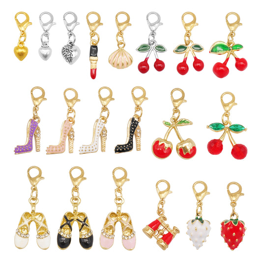 Multi-Style Alloy Dangle Charm with Lobster Clasp-Cherry&Strawberry&Heart&Shoes Design Pendant-DIY Jewelry Making Supplies Purses Bags Shoes Hanging Decor