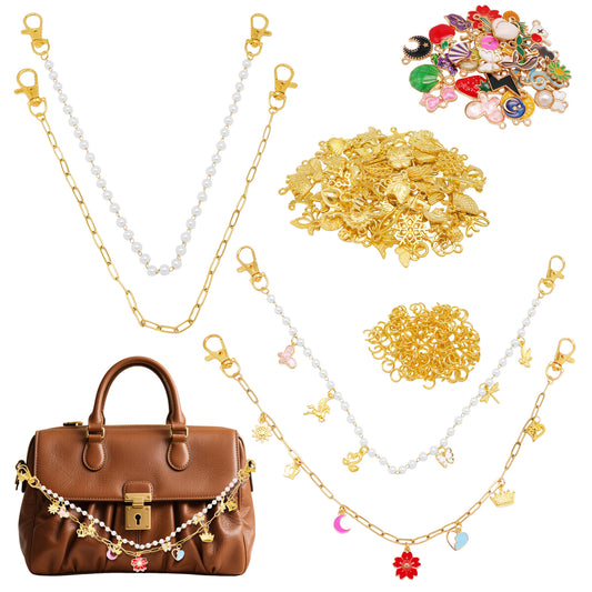 Gold Color Jewelry Making Kit Fashion Bag Charm Kit-166/175/340pcs including Alloy Charms & Enamel Charms &Jump Rings & Faux Pearl Chain Stainless Steel Chain with Lobster Claw Clasp - DIY Crafts Jewelry Making Supplies