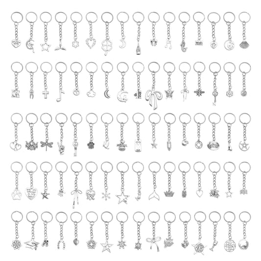 10Pcs Retro Silver Dangle Pendant with Conncetor Loop - Alloy Keyring Heart Star Moon Shape Charm Handmade Keychain for Car Key & Bag Decoration