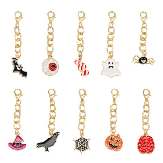 10Pcs Halloween Dangle Charm with Lobster Clasp - Alloy Keychain Bat Ghost Spider Shape Pendant for Bag Decoration DIY Jewelry Earrings Supplies