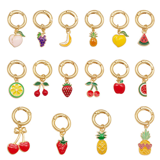 10Pcs Enamel Fruit Charm Keyring Metal Pineapple Apple Design Pendant with Clasp for Key Bag Purse Decor, DIY Jewelry Supplies
