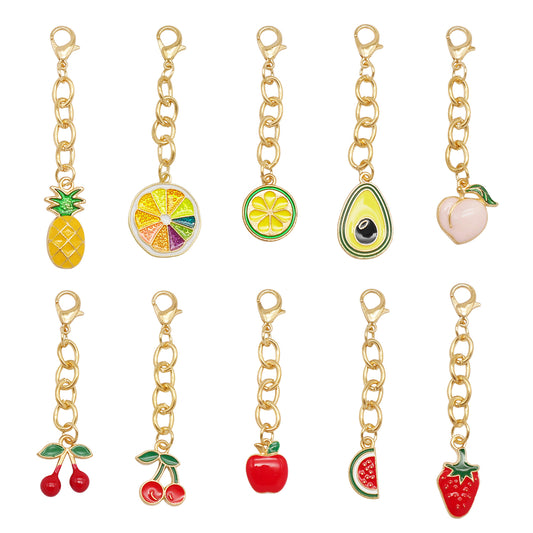 10Pcs Enamel Fruit Charm with Hanging Chain - Keychain Metal Accessory Clip on Pendant for Bag Key Phone Case Decor, Jewelry Making Supplies