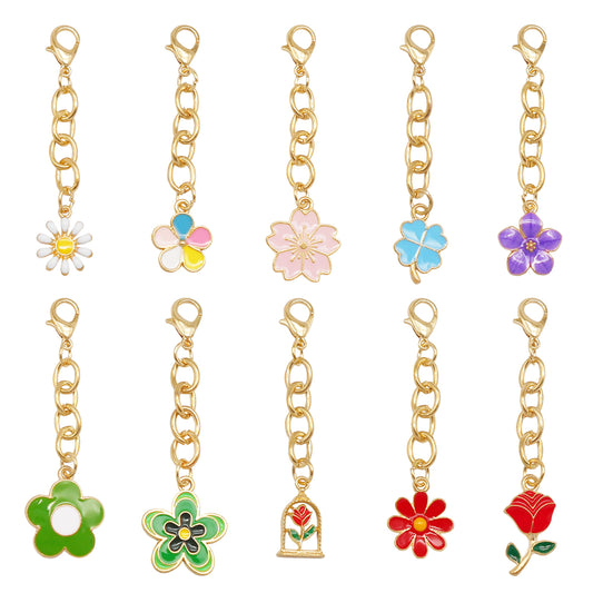 10Pcs Flower Pendant on Chain Enamel Floral Chain with Hanging Chain for Bag Key Purse Decor, DIY Jewelry Supplies