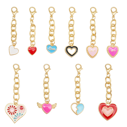 10Pcs Enamel Heart Charm Keychain Metal Chain Charm Clip on Pendant for Bag Key Phone Case Hanging Decor, DIY Jewelry Supplies