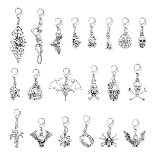 20Pcs Halloween Vintage Charm with Lobster Clasp Bat Skull Design Charm Clip on Pendant for Bag Purse Decor, Jewelry DIY Accessories