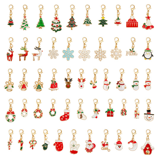 10Pcs Christmas Enamel Charms with Lobster Clasp - Metal Pendant Jewelry DIY Accessories, Bag Keychain Hanging Decor, Festival Decoration