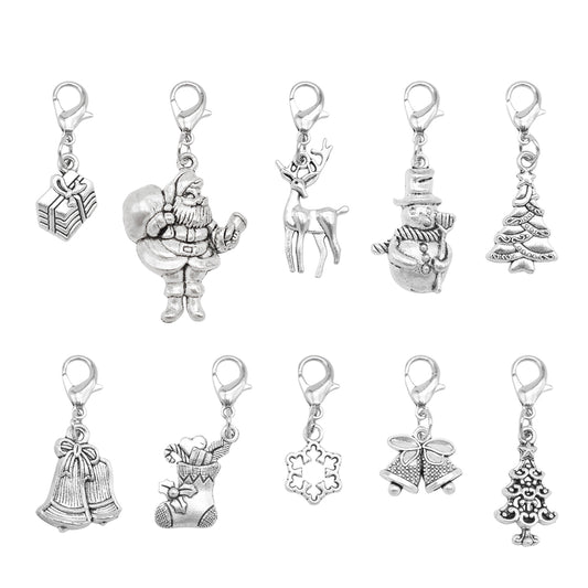 10Pcs Christmas Metal Charm with Lobster Clasp - Retro Silver Color Clip-on Pendant for Bag Key Hanging Decor, Jewelry DIY Accessories