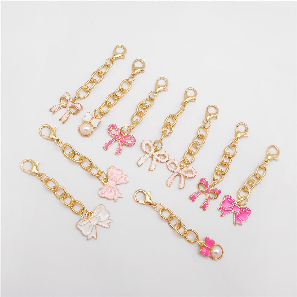 10Pcs Enamel Bowknot Charm with Hanging Chain Metal Clip-on Bow Pendant for Bag Purse Key Decor, Jewelry DIY Accessories