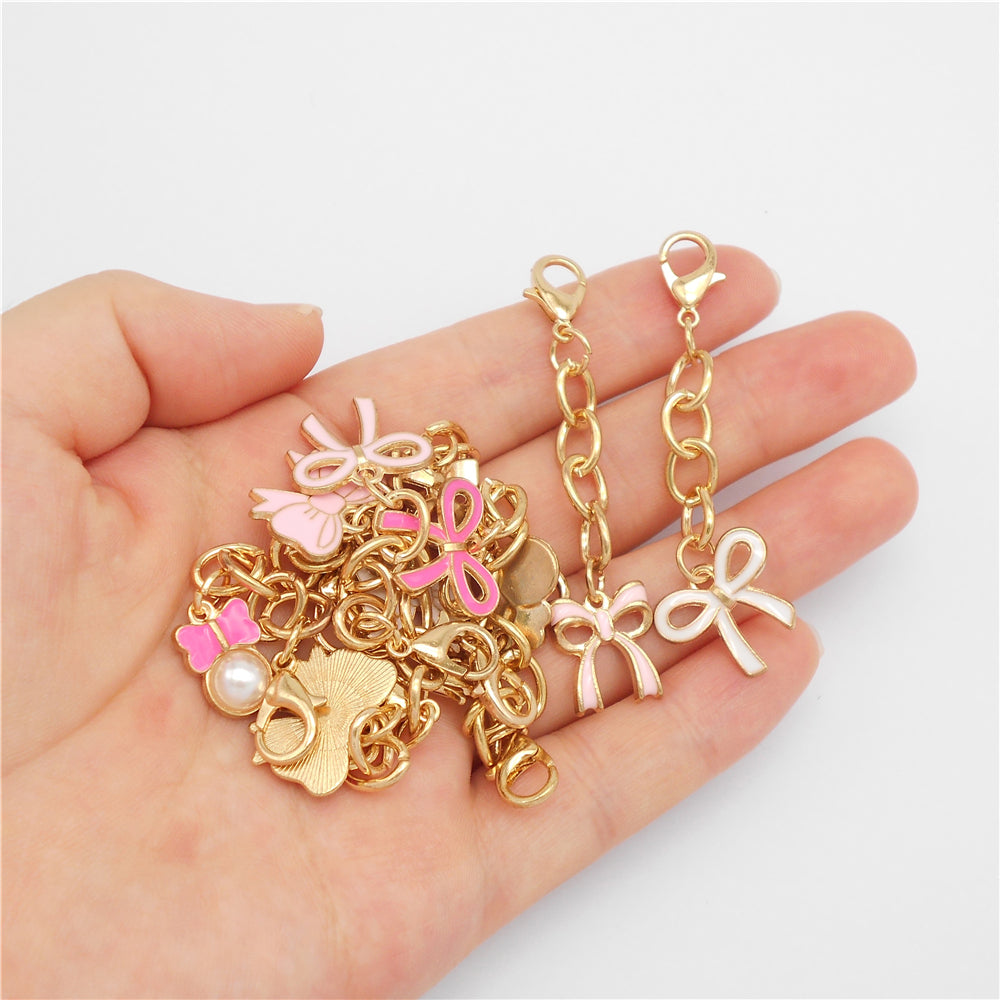 10Pcs Enamel Bowknot Charm with Hanging Chain Metal Clip-on Bow Pendant for Bag Purse Key Decor, Jewelry DIY Accessories