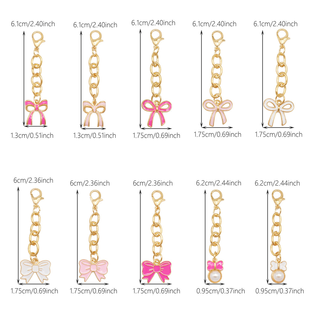 10Pcs Enamel Bowknot Charm with Hanging Chain Metal Clip-on Bow Pendant for Bag Purse Key Decor, Jewelry DIY Accessories