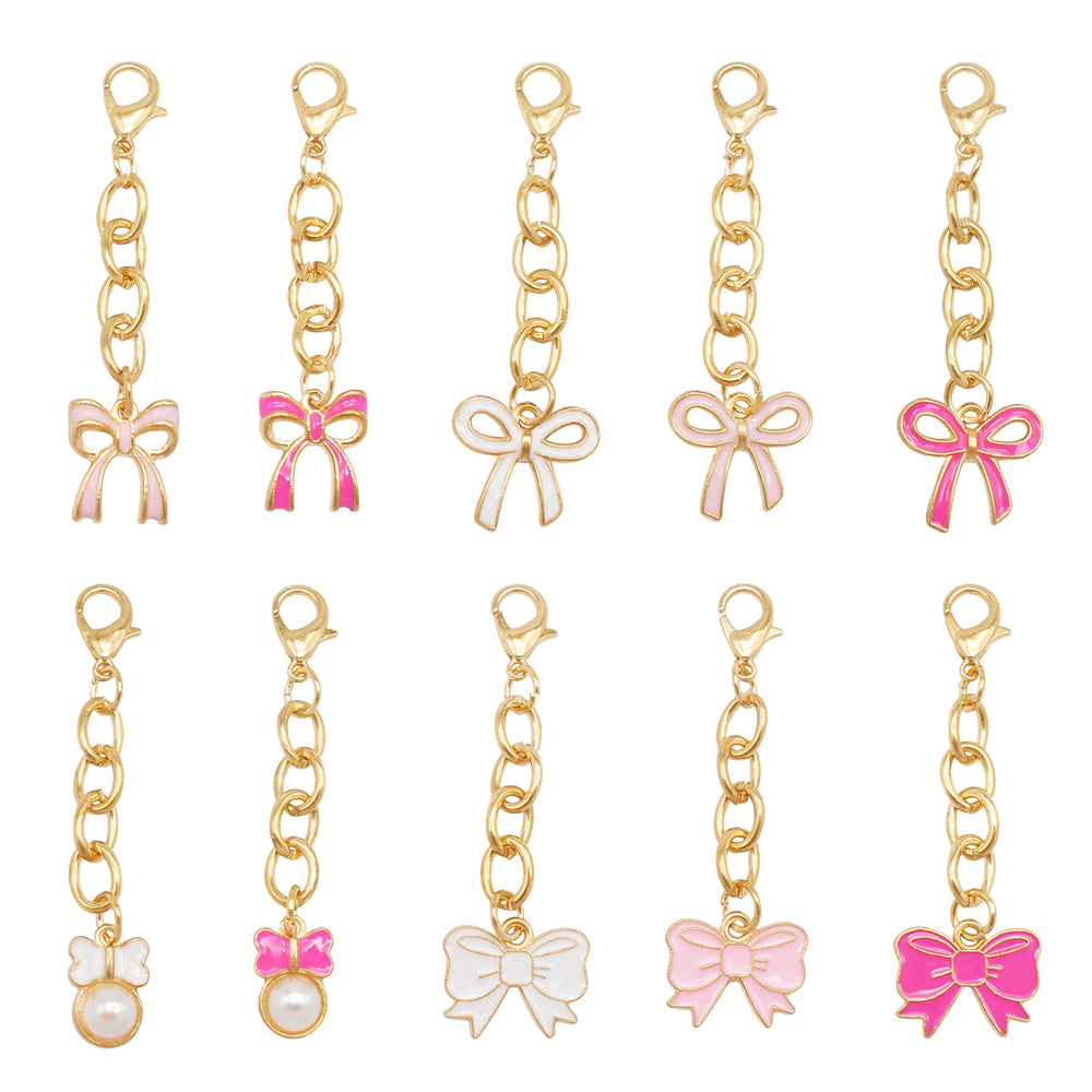 10Pcs Enamel Bowknot Charm with Hanging Chain Metal Clip-on Bow Pendant for Bag Purse Key Decor, Jewelry DIY Accessories