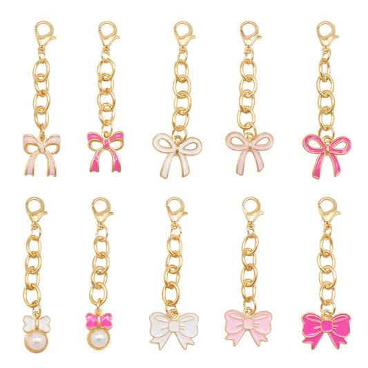 10Pcs Enamel Bowknot Charm with Hanging Chain Metal Clip-on Bow Pendant for Bag Purse Key Decor, Jewelry DIY Accessories