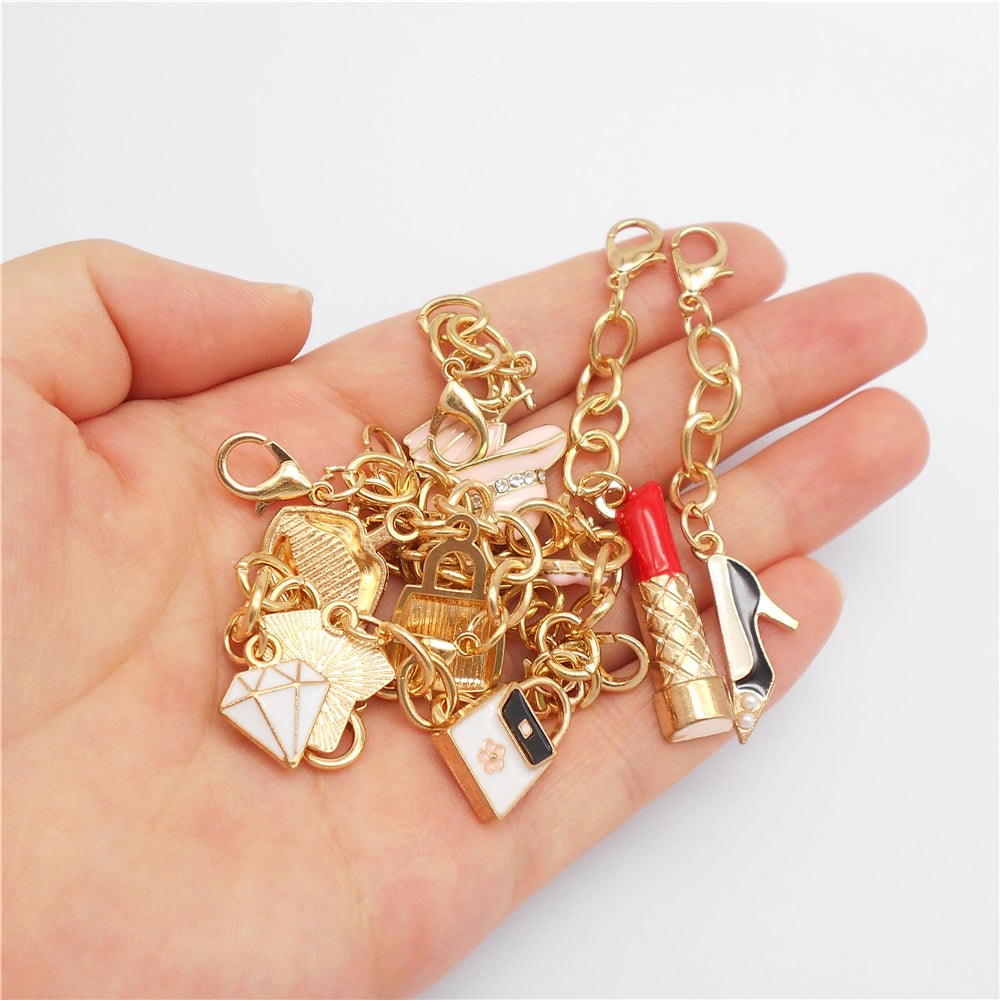 10Pcs Enamel Charm on Chain Metal Hat Skirt Shaped Pendant with Lobster Clasp for Bag Key Hanging Decor, Phone Case Charm DIY Supplies