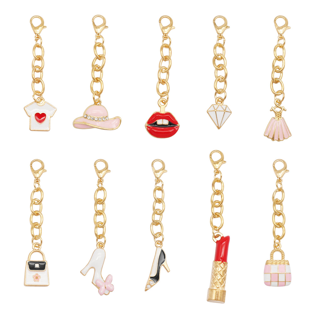 10Pcs Enamel Charm on Chain Metal Hat Skirt Shaped Pendant with Lobster Clasp for Bag Key Hanging Decor, Phone Case Charm DIY Supplies