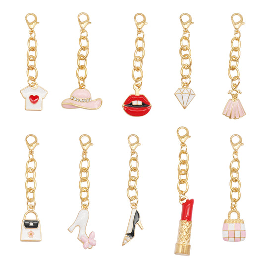 10Pcs Enamel Charm on Chain Metal Hat Skirt Shaped Pendant with Lobster Clasp for Bag Key Hanging Decor, Phone Case Charm DIY Supplies