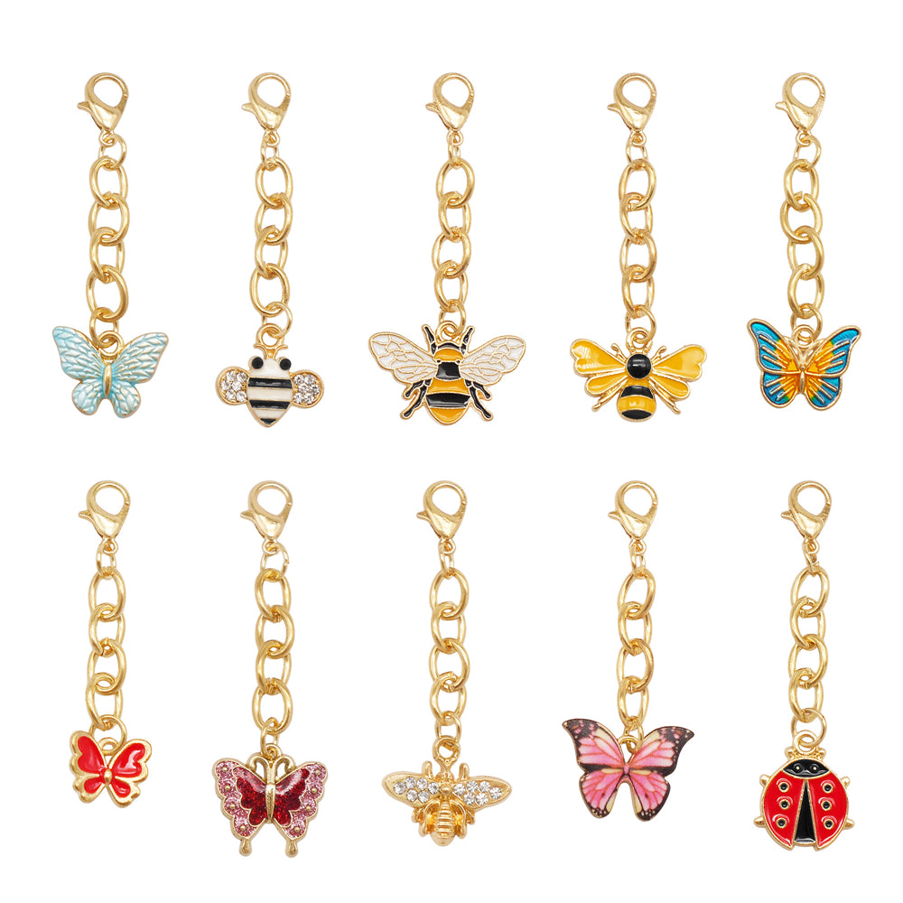 10PCS Metal Insect Charm with Hanging Chain - Bee Butterfly Shpaed Pendant Clip-on Pendant for Bag Purse Key Decor, Keychain Phone Chain Making Accessories