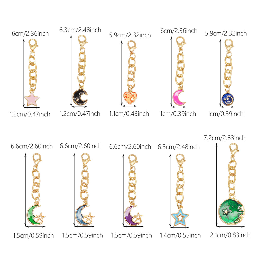Night Sky Charms Set: 10Pcs Enamel Moon Star Pendants with Hanging Chain for DIY Jewelry, Keychain & Bag Decor