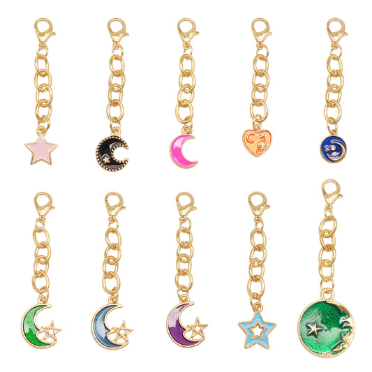Night Sky Charms Set: 10Pcs Enamel Moon Star Pendants with Hanging Chain for DIY Jewelry, Keychain & Bag Decor