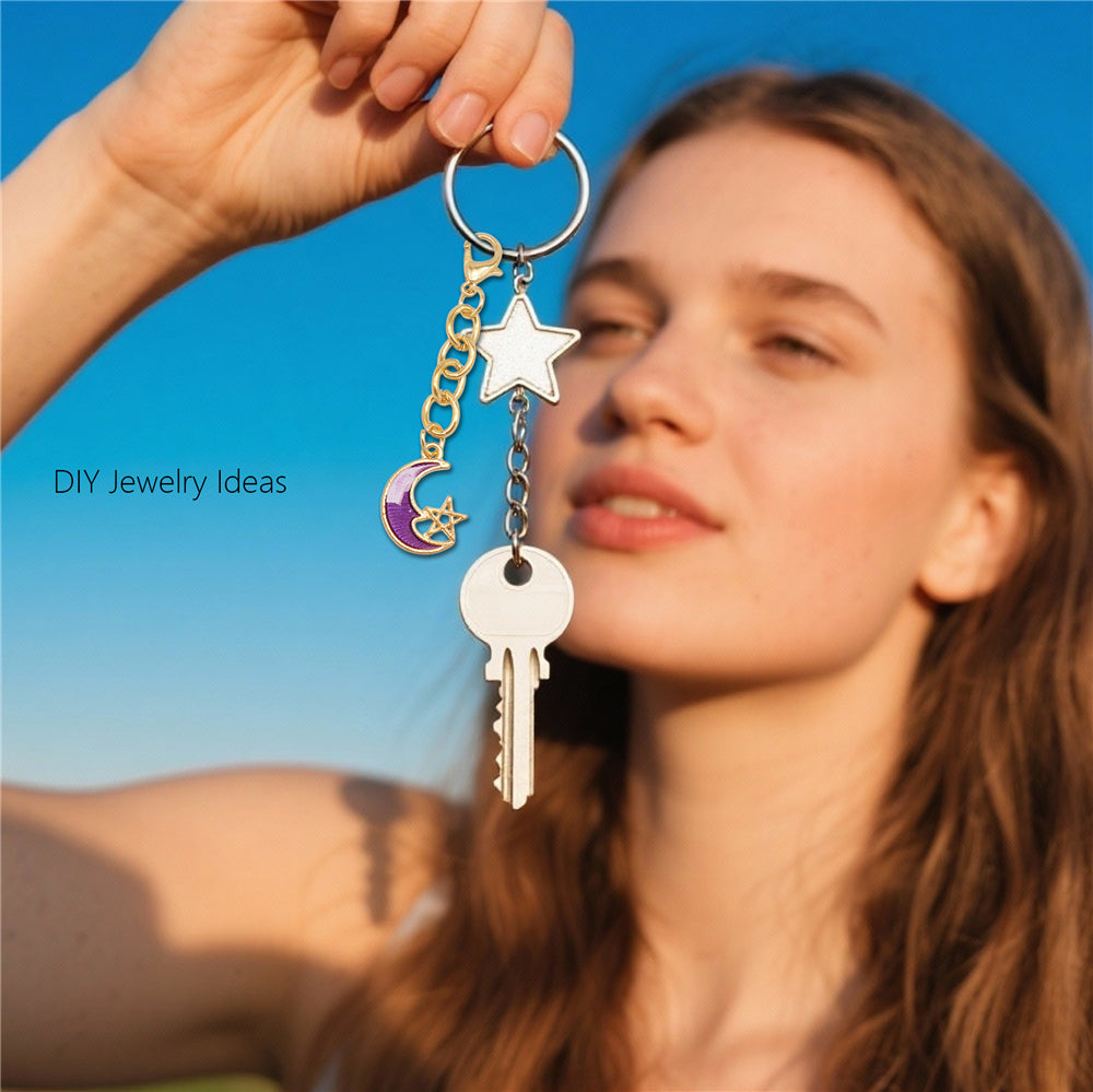 Night Sky Charms Set: 10Pcs Enamel Moon Star Pendants with Hanging Chain for DIY Jewelry, Keychain & Bag Decor