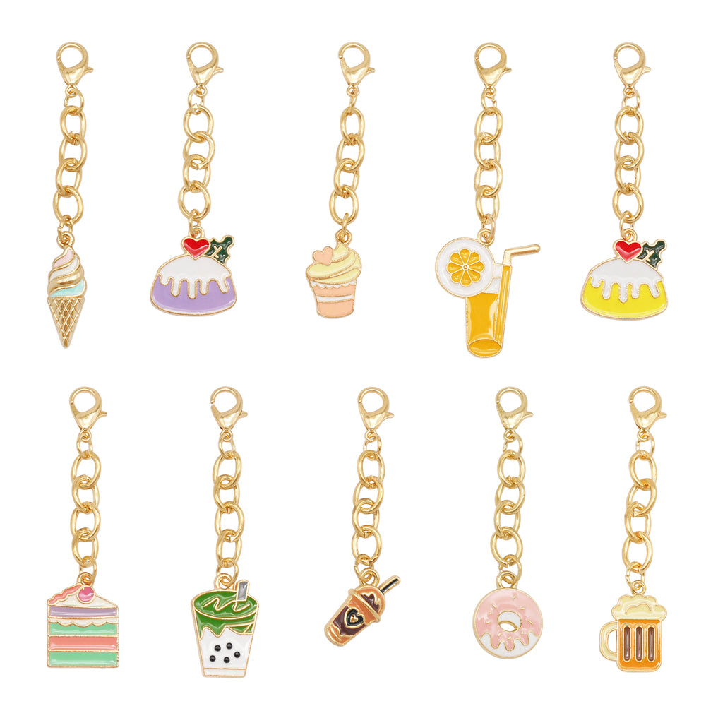 10Pcs Drink & Dessert Series Enamel Charms - Metal Pendant with Lobster Clasp for Bag Hanging Decor, Keychain Phone Chain Making Accessories