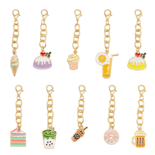 10Pcs Drink & Dessert Series Enamel Charms - Metal Pendant with Lobster Clasp for Bag Hanging Decor, Keychain Phone Chain Making Accessories