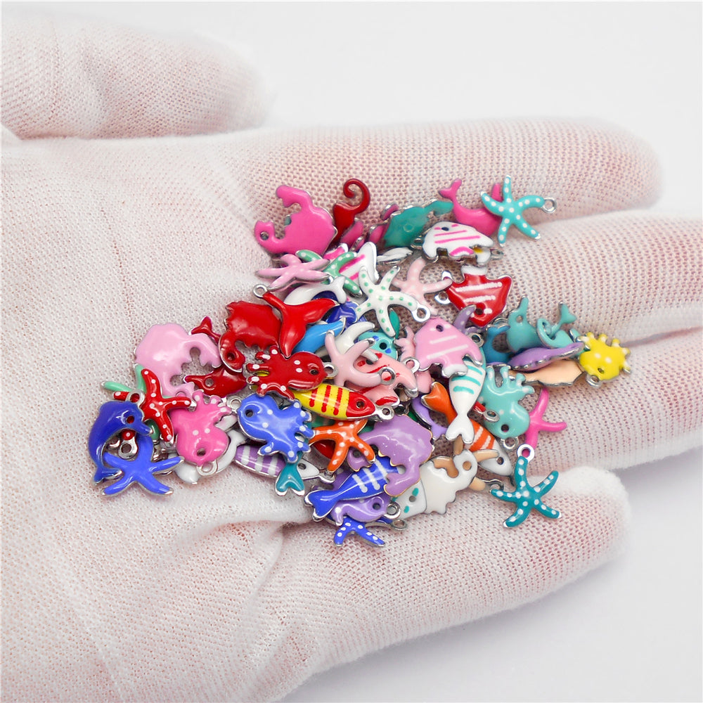 Ocean Series Enamel Charm-10pcs Stainless Steel Double Sided Pendant Seahorse Starfish Shaped Charm for Necklace Bracelet Earrings Making