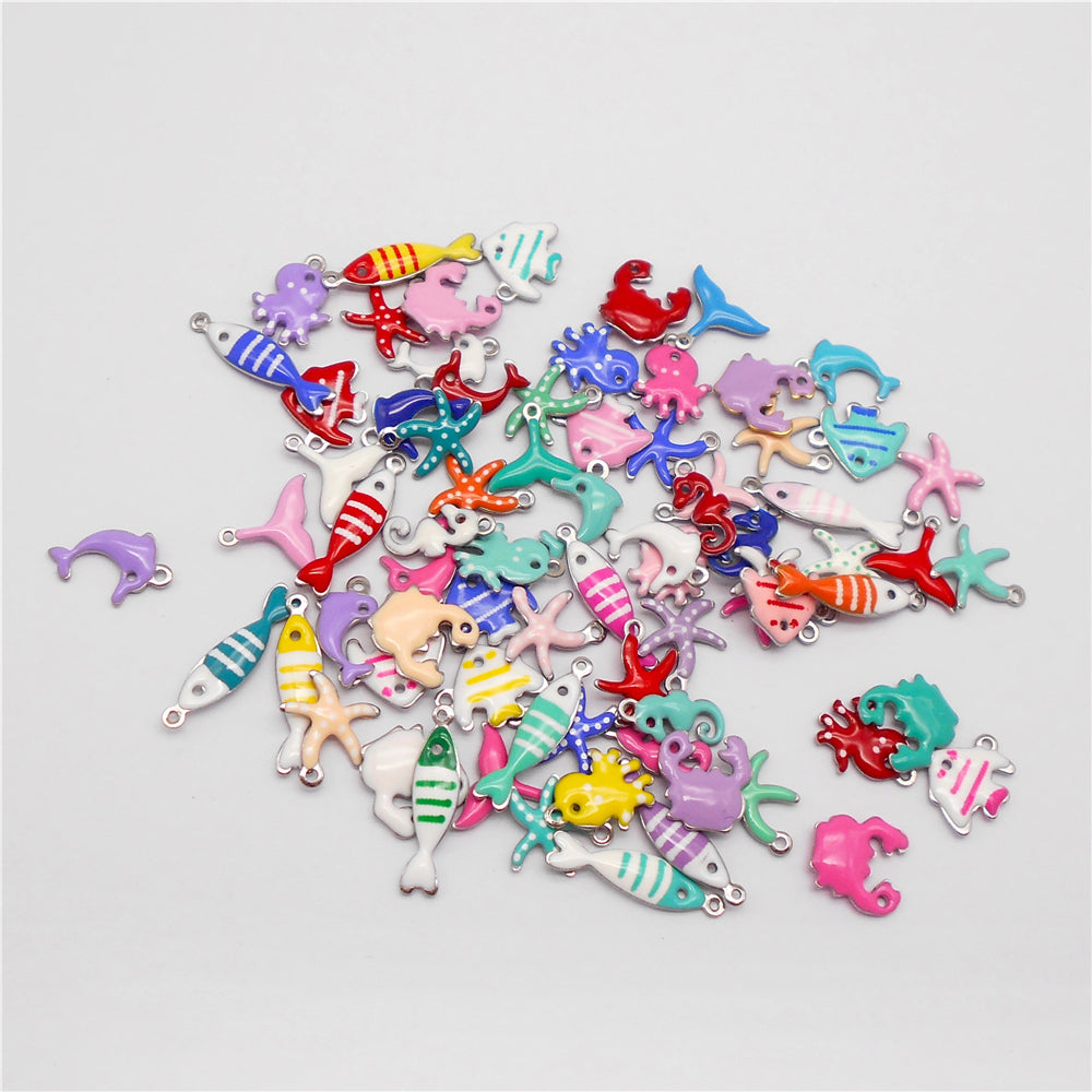Ocean Series Enamel Charm-10pcs Stainless Steel Double Sided Pendant Seahorse Starfish Shaped Charm for Necklace Bracelet Earrings Making
