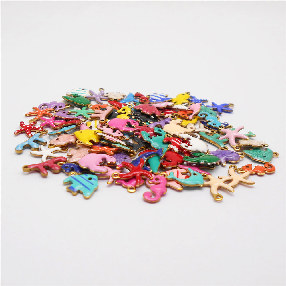 10Pcs Enamel Sea Life Charm Double Sided Crab Starfish Dolphin Shaped Pendant Stainless Steel for Jewelry Making Accessories DIY Crafts Supplies