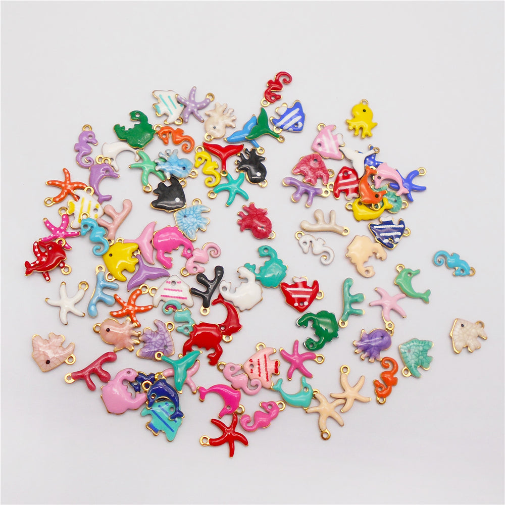 10Pcs Enamel Sea Life Charm Double Sided Crab Starfish Dolphin Shaped Pendant Stainless Steel for Jewelry Making Accessories DIY Crafts Supplies