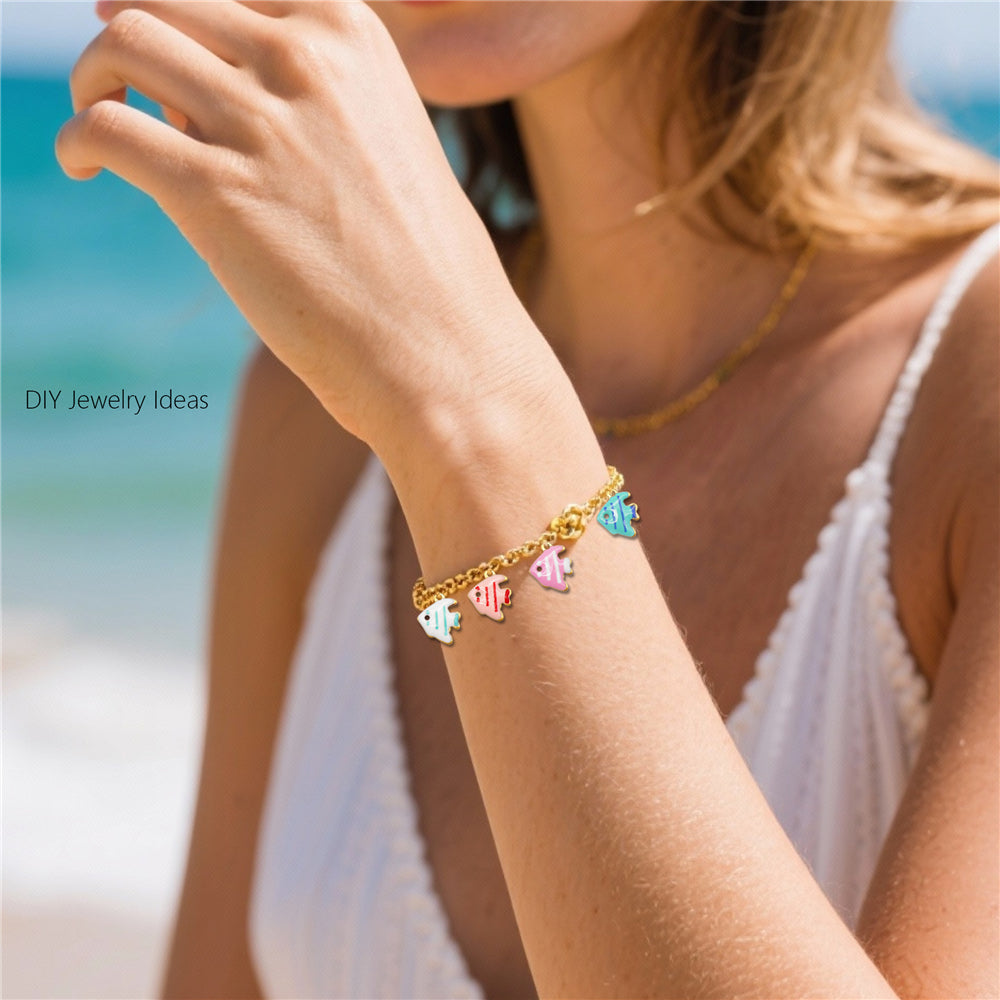 10Pcs Enamel Sea Life Charm Double Sided Crab Starfish Dolphin Shaped Pendant Stainless Steel for Jewelry Making Accessories DIY Crafts Supplies