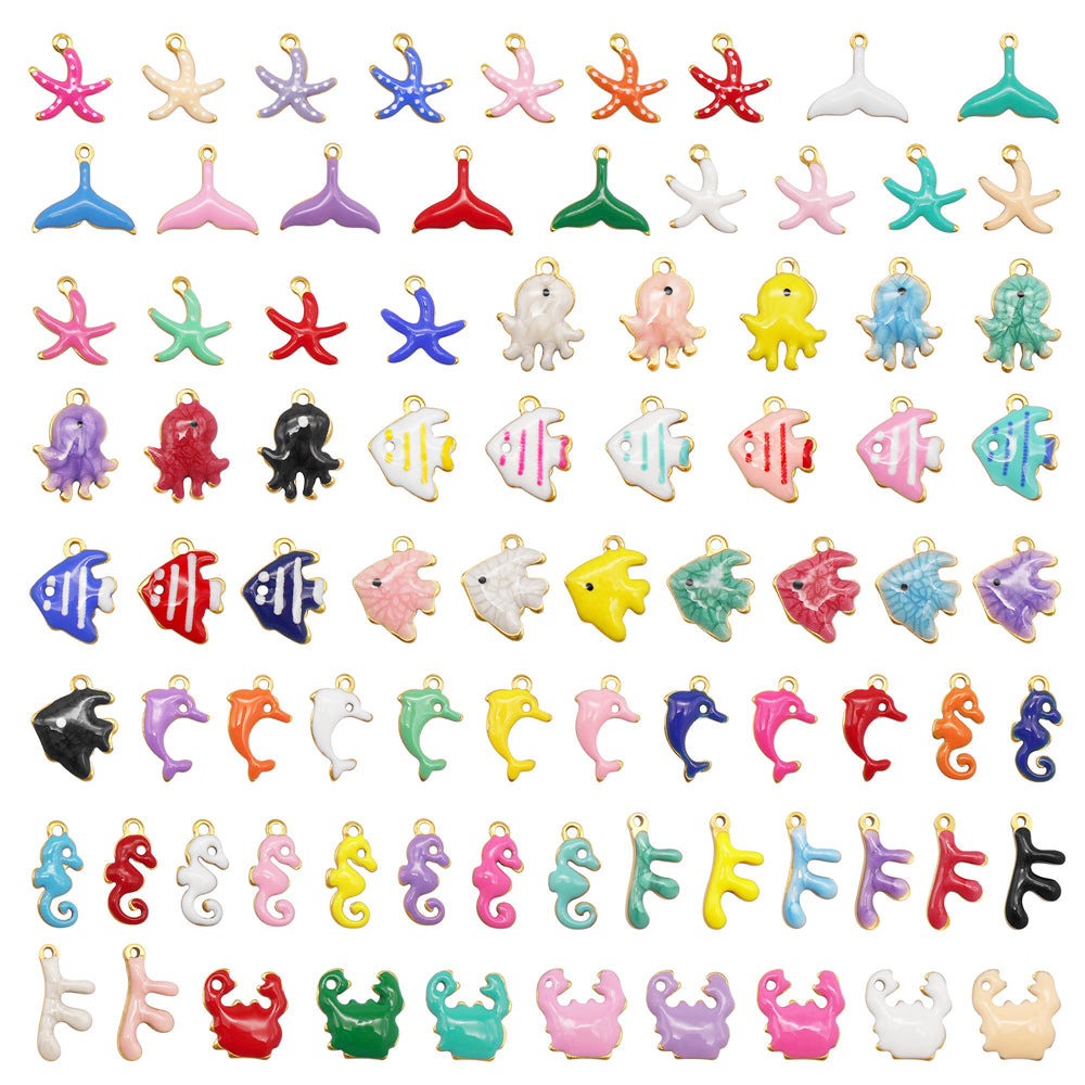10Pcs Enamel Sea Life Charm Double Sided Crab Starfish Dolphin Shaped Pendant Stainless Steel for Jewelry Making Accessories DIY Crafts Supplies