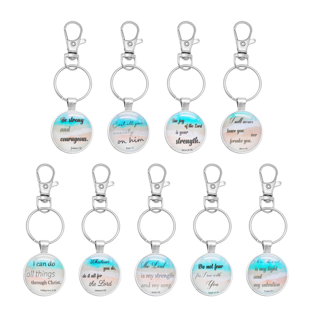 9pcs Faith Keychain Bible Verse Glass Cabochons Charm with Alloy Ring&Clasp Clip-on Pendant for Key Bag Decor, Gifts for Believers