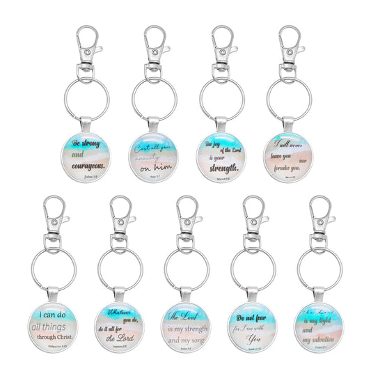 9pcs Faith Keychain Bible Verse Glass Cabochons Charm with Alloy Ring&Clasp Clip-on Pendant for Key Bag Decor, Gifts for Believers