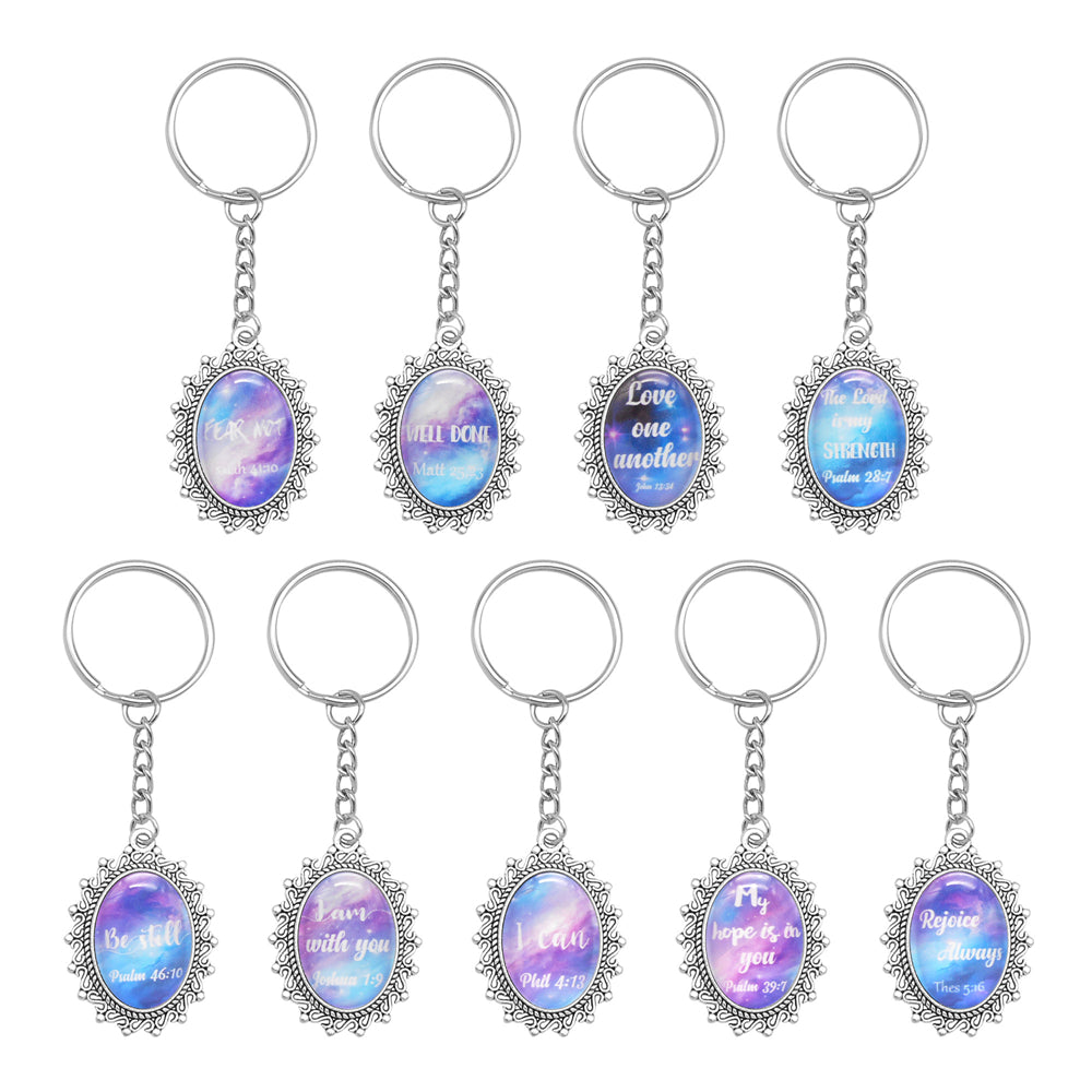 9pcs Faith Keychain Bible Verse Glass Cabochons Charm with Alloy Ring&Clasp Clip-on Pendant for Key Bag Decor, Gifts for Believers