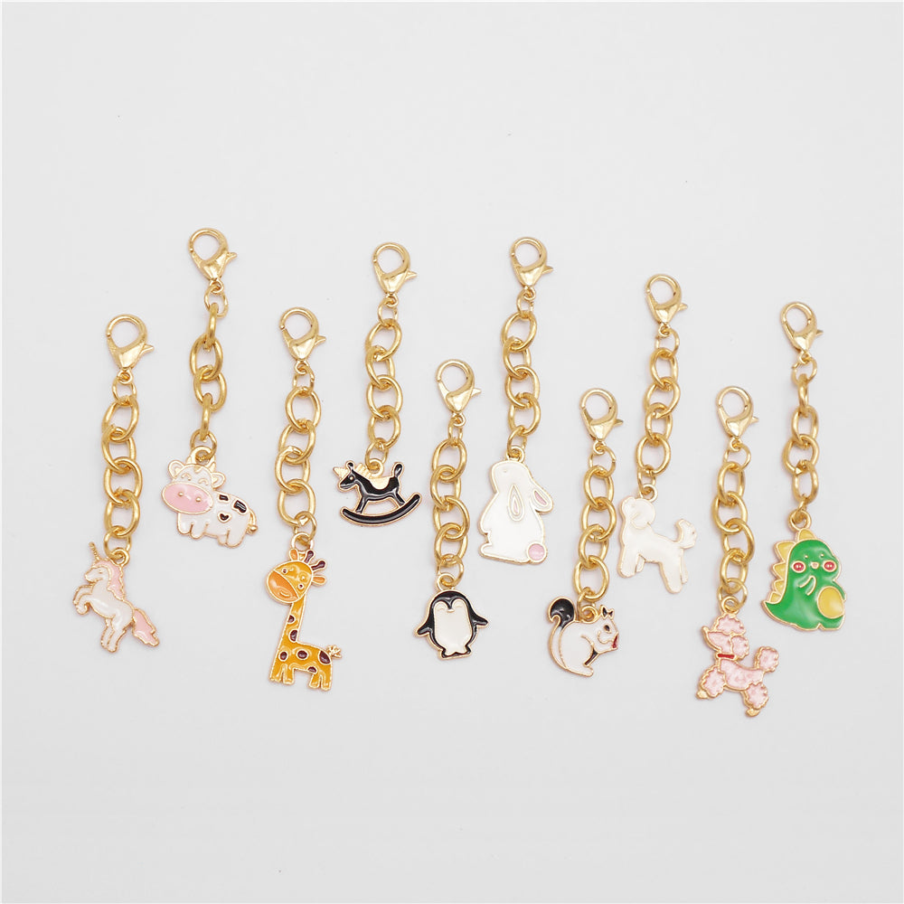 10Pcs Enamel Cute Animal Dog Rabbit Charm with Hanging Chain Metal Clip-on Pendant for Bag Purse Decor, DIY Keychain Jewelry Accessories