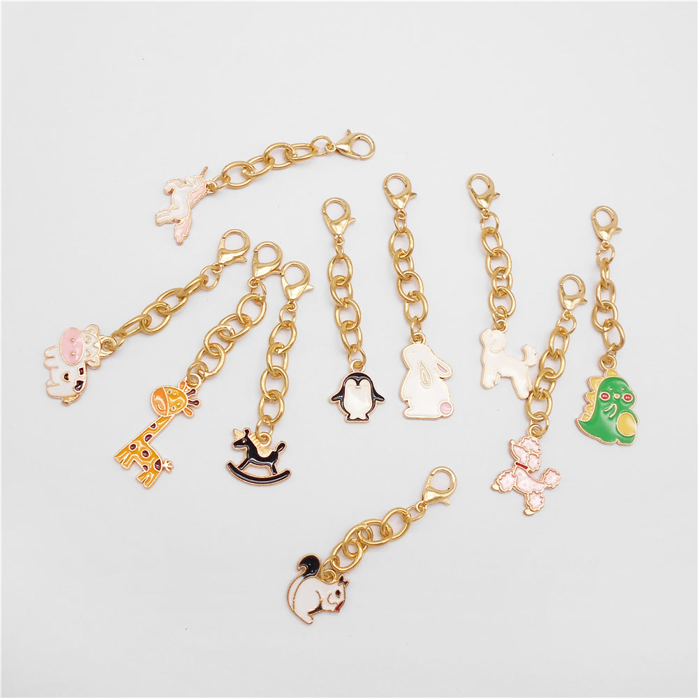 10Pcs Enamel Cute Animal Dog Rabbit Charm with Hanging Chain Metal Clip-on Pendant for Bag Purse Decor, DIY Keychain Jewelry Accessories