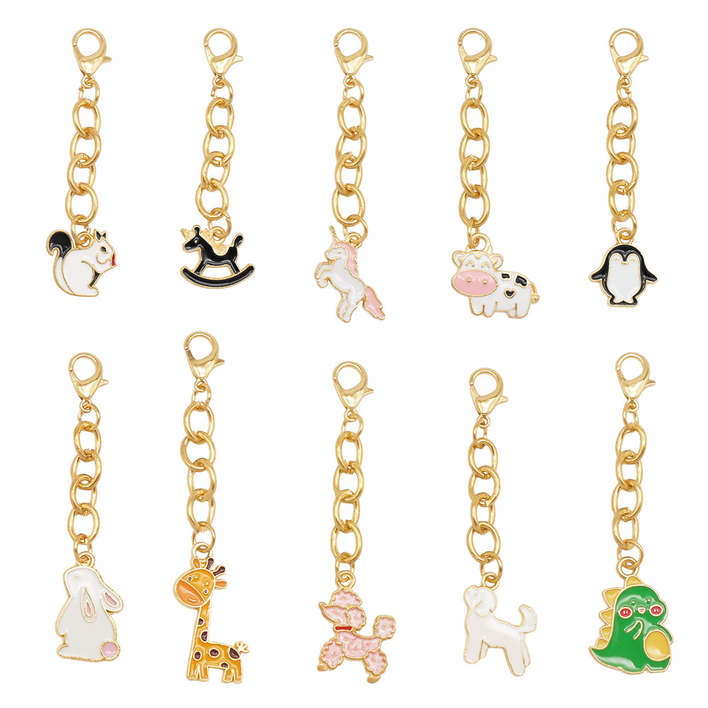 10Pcs Enamel Cute Animal Dog Rabbit Charm with Hanging Chain Metal Clip-on Pendant for Bag Purse Decor, DIY Keychain Jewelry Accessories