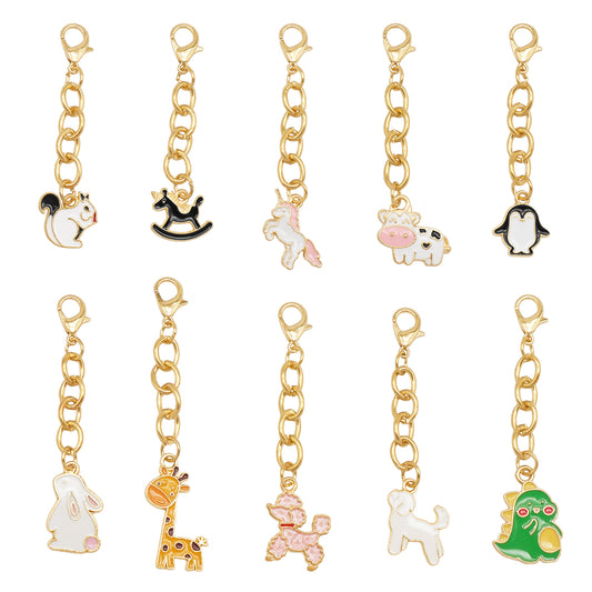 10Pcs Enamel Cute Animal Dog Rabbit Charm with Hanging Chain Metal Clip-on Pendant for Bag Purse Decor, DIY Keychain Jewelry Accessories