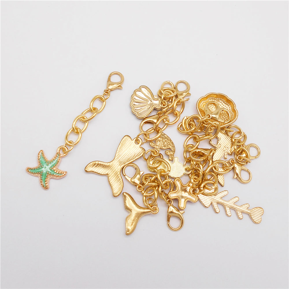 10Pcs Marine Animal Enamel Charm with Chain Metal Sea Life Seashell Whale Pendant Clasp Clip for Bag Hanging Decor, DIY Keychain&Crafts Making