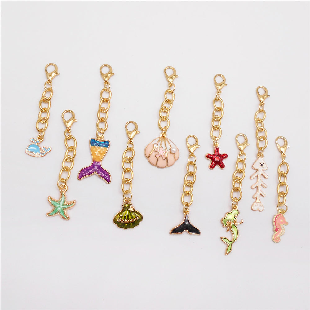 10Pcs Marine Animal Enamel Charm with Chain Metal Sea Life Seashell Whale Pendant Clasp Clip for Bag Hanging Decor, DIY Keychain&Crafts Making