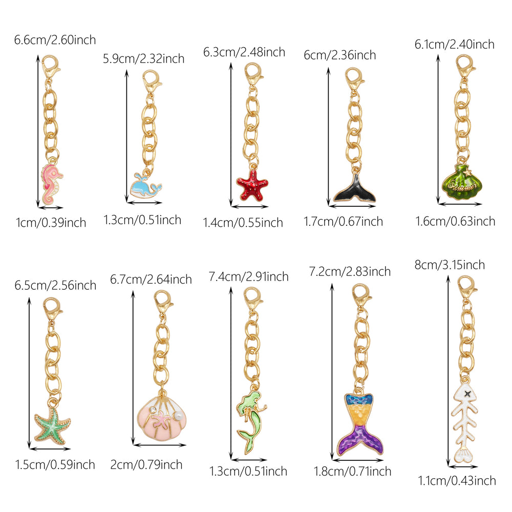 10Pcs Marine Animal Enamel Charm with Chain Metal Sea Life Seashell Whale Pendant Clasp Clip for Bag Hanging Decor, DIY Keychain&Crafts Making