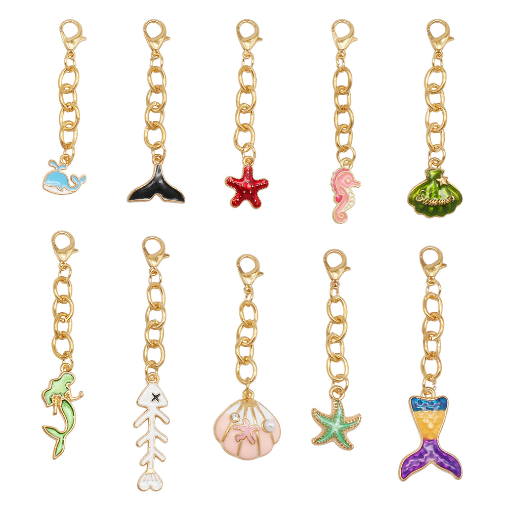 10Pcs Marine Animal Enamel Charm with Chain Metal Sea Life Seashell Whale Pendant Clasp Clip for Bag Hanging Decor, DIY Keychain&Crafts Making