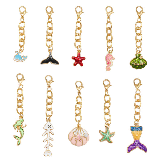 10Pcs Marine Animal Enamel Charm with Chain Metal Sea Life Seashell Whale Pendant Clasp Clip for Bag Hanging Decor, DIY Keychain&Crafts Making