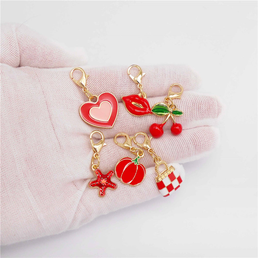 1pc Red Series Enamel Charm with Lobster Clasp - Metal Flower Cherry Bee Shaped Clip-on Pendant for Bag Decor, DIY Keychain Supplies, Jewelry Making Findings