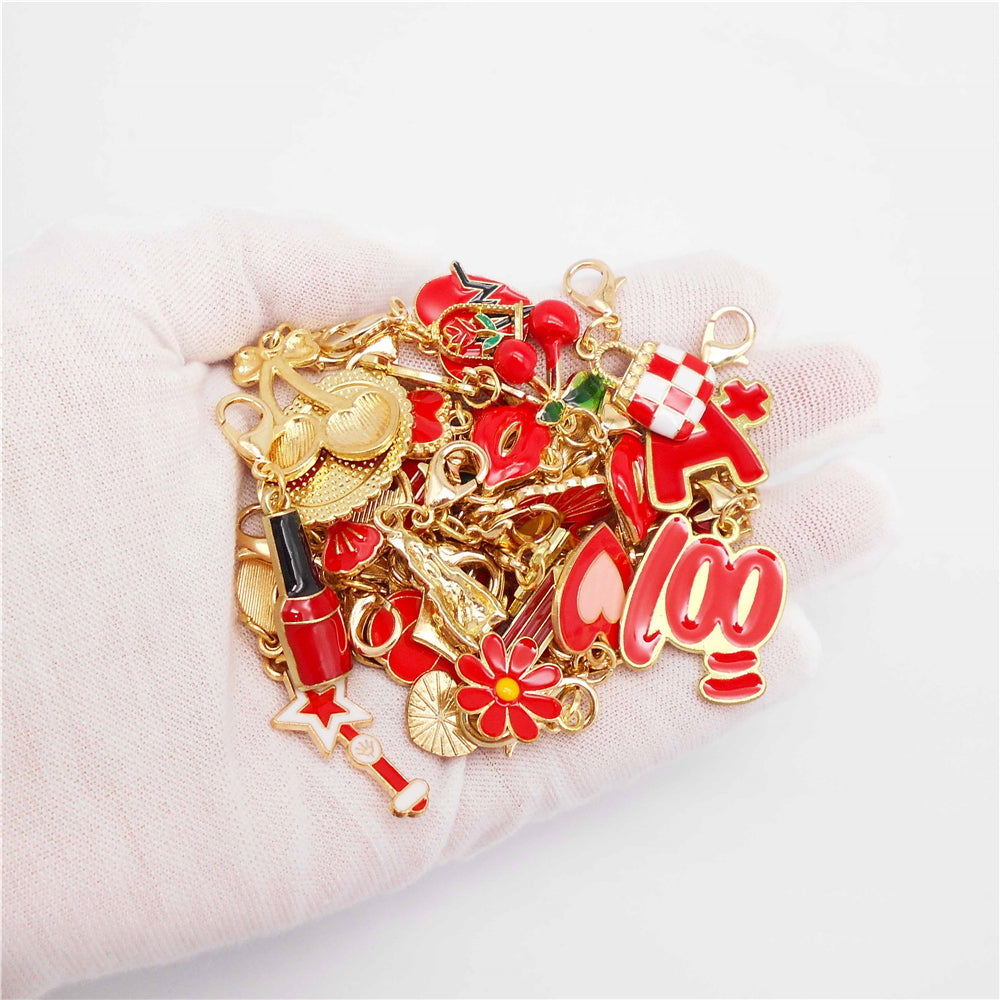 1pc Red Series Enamel Charm with Lobster Clasp - Metal Flower Cherry Bee Shaped Clip-on Pendant for Bag Decor, DIY Keychain Supplies, Jewelry Making Findings