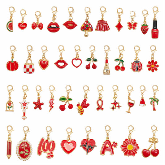 1pc Red Series Enamel Charm with Lobster Clasp - Metal Flower Cherry Bee Shaped Clip-on Pendant for Bag Decor, DIY Keychain Supplies, Jewelry Making Findings