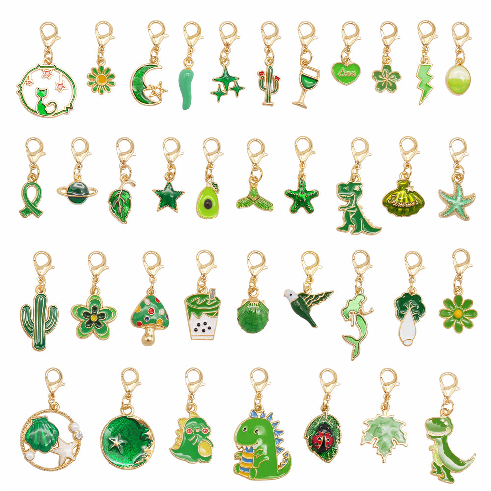 1pc Green Series Enamel Charm Flower Fruit Animal Designed Metal Clip on Pendant for Bag Key Hanging Decor, Jewelry DIY Supplies